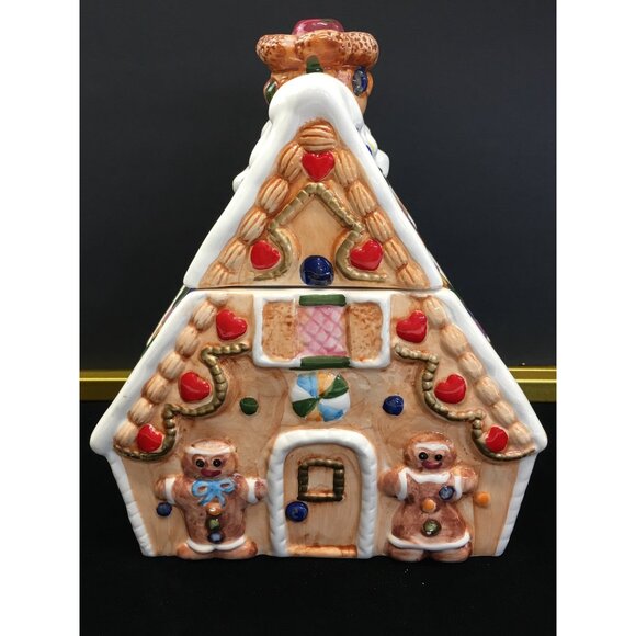 Gingerbread House Cookie Jar Christmas Holiday Decor Ceramic Painted - Picture 1 of 14